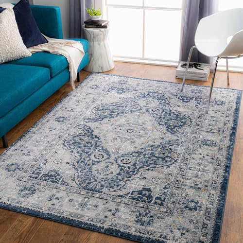 Livabliss Vienna Vintage groß - Orientalischer Wohnzimmer 200x275 cm, Esszimmer, Schlafzimmer - Boho Kurzflor einfache Pflege - Grau und Blau
