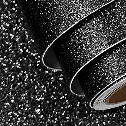 FunStick 40CM X 6M Schwarze Glitzer Tapete Selbstklebend Wand Tapeten Schlafzimmer Klebefolie Basteln Deko Möbelfolie Schwarz Glitzerpapier Glitzerfolie Vinyl Plotterfolie