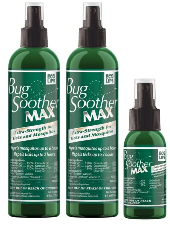 Bug Soother® MAX Natural Tick & Mosquito Repellent Spray – DEET-Free Extra Strength Outdoor Bug Protection, Plant-Based Formula – Made in USA (2ct 8 oz Bottles)