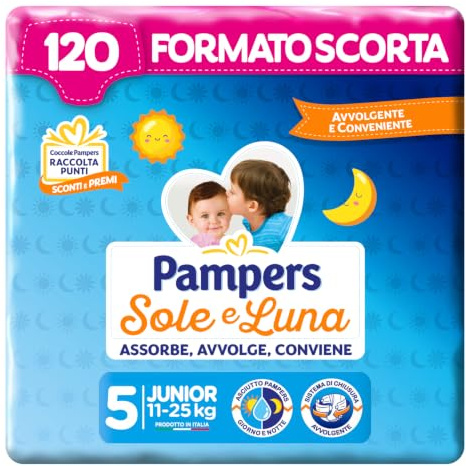 Pampers Sole e Luna Pannolini, Bambini Unisex, Junior Taglia 5 (11-25 kg), 120 Pannolini