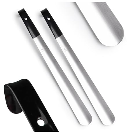 SULPO 2-pack skoskop-set – skoodlare av rostfritt stål och aluminium, ögla för upphängning och gummihandtag för bekväm skopåtagning – perfekt för seniorer, gravida kvinnor, funktionshindrade, silver, 2 x 42 cm