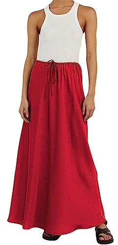 Women Satin Long Skirt Summer Casual Drawstring Elastic Midi Skirt Lightweight Silk A-line Swing Skirt Aesthetic Streetwear (Red, S)