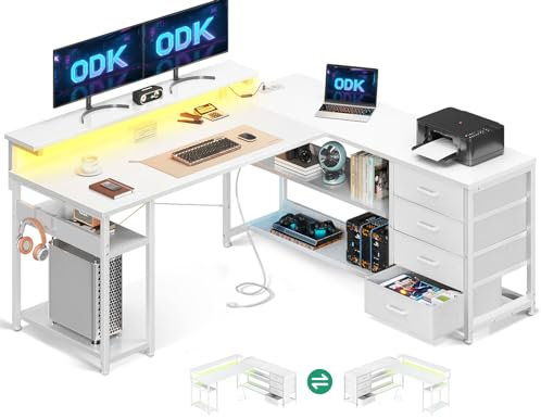ODK Schreibtisch mit Schubladen, 135×110cm Reversible Eckschreibtisch mit 2 Steckdosen und 2 USB Ladeanschluss, Bürotisch L Form mit LED für Home Office, Alles Weiß