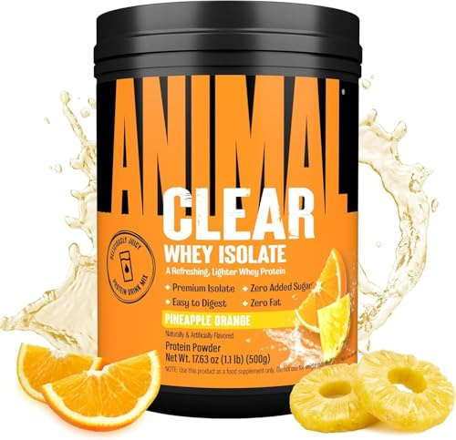 ANIMAL Clear Whey Protein Powder (Pineapple Orange) – Isoclear with 20g Protein & 5g BCAAs for Muscle Building. Protein Shake with no Added Sugar, Low in Fat and with Amino acids – 500g