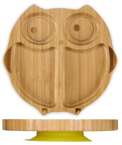 Relaxdays Baby Teller mit Saugnapf, Bambus, Motiv Eule, rutschfest, BPA-frei, Beikost, unterteilter Kinderteller, natur