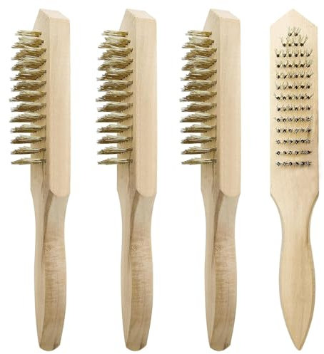 Brosse Métallique avec Manche en Bois, 4 Pièces Brosse Metallique a Main, Brosse Métallique en Laiton, Brosse Métallique Set, Brosse Métallique en Acier, pour Nettoyer la Rouille et la Saleté
