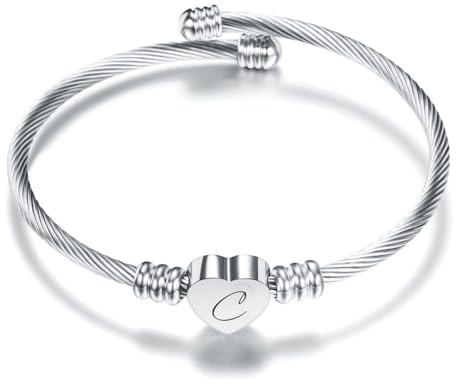 KENYG Delicate Silver Love Heart 26 Initial Letter Alphabet A-Z Cuff Bracelet Open Bangle Adjustable Jewellery Gift For Daughter Son Sisters Friends Mom Colleague Lover Birthday Christmas (C)