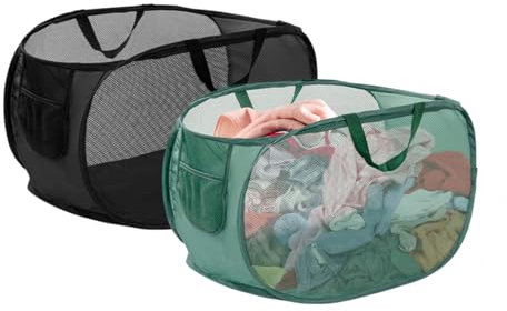 XIAQICA 2pz Cesto Portabiancheria 36 x 36 x 58 cm Pieghevole Cesto Della Biancheria Pop-up con Maniglia, Adatta per Viaggi, Campeggio ed Escursioni per Riporre i Vestiti Nero/Verde