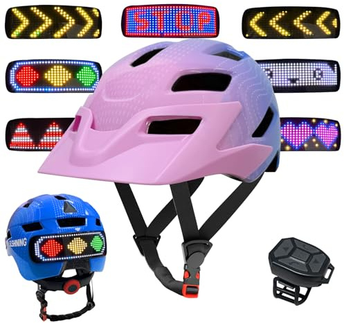 MOYACA Kids Bike Helmet with LED Lights, Remote Control Turn Signals Safety Helmet Back Light for Youth Mountain Cycling Scooter Skateboarding, Adjustable and Lightweight for Boys Girls, Pink