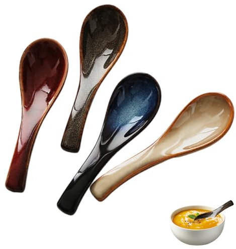 4pc Japanese Style Blue Ceramic Ramen Spoon Set - Retro Porcelain Asian Tableware for Rice, Wonton, Pho, Miso Noodles and Soup