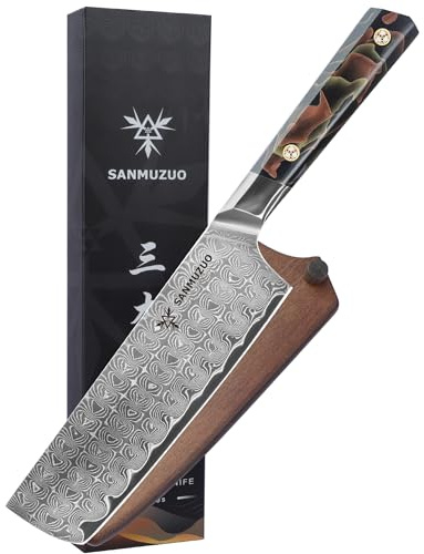 SANMUZUO Kitchen Nakiri Knife 7 Inch, Professional Kitchen Chef Knife, Ultra Sharp Damascus Powder Steel with Full-tang Resin Handle, Bi Series