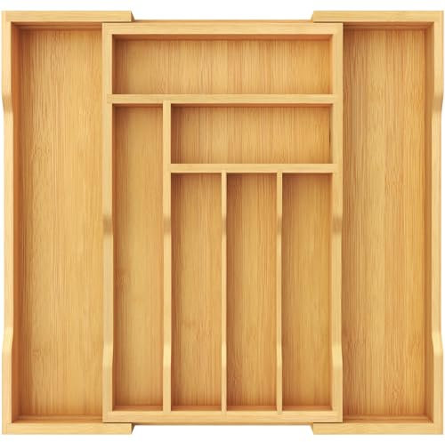 Lifewit Cutlery Drawer Organiser Bamboo, 27-46x38cm Extendable Cutlery Tray for Drawers Insert, 8 Compartments Wooden Kitchen Storage Holder for Utensil, Knife, Fork, Spoon, Medium