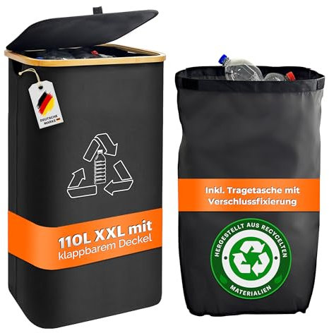 ZUHAUSEZIRKEL Pfandflaschen Sammelbehälter 110L XXL – Gelber Sack Ständer (60–120L Müllsäcke) – Mülleimer mit Deckel & Innentasche – Müllsackständer – Mülleimer Küche – Gelber Sack Behälter
