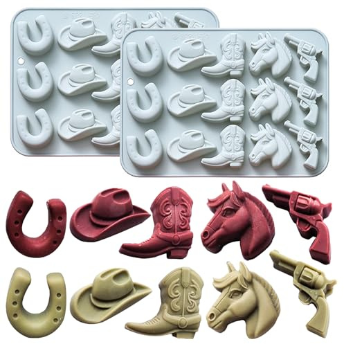 Japleed 2 Pack Cowboy Chocolate Molds, Western Themed Silicone Fondant Jelly Cupcake Cake Decoration Molds, Unique Cowboy Hat Boot Horse Shape Candle Soap Wax Epoxy Resin Mold for Crafts Baking Tool