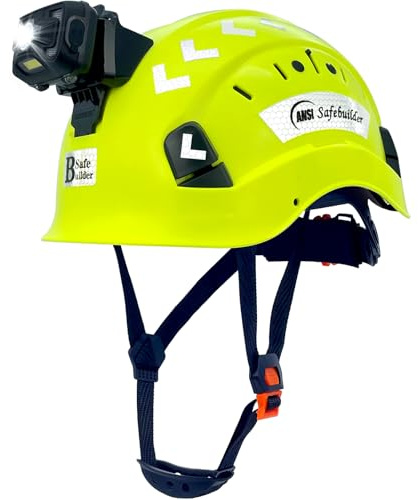 SAFEBUILDER Safety Hard Hats with Headlight Lightweight Breathable Vented Safety Helmet with Headlamp for Construction Industrial Outdoor Work Head Protection ANSI Approved (Fluorescent Yellow+SHL01)