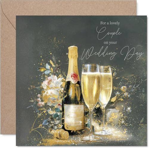 Gold Couple Wedding Card - Gold Champagne - Happy Wedding Card from Friends Family, 145mm Golden Marriage Congrats Well Done Greeting Cards