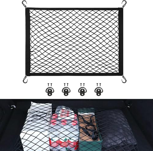 APKOL Rete Bagagliaio Auto 100x80cm Estensibile Fino a 200×160cm, Rete Portaoggetti in Nylon Elastico con 4 Ganci e 4 Anelli in Metallo, Organizer Universale per Auto, SUV, Camion, Furgone, Nero
