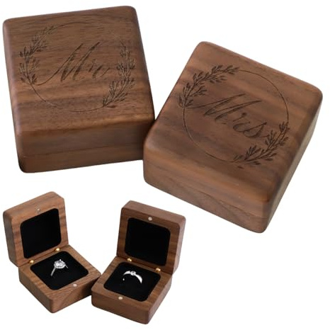 muso wood Ringbox Holz Graviert Mr. und Mrs. Ringschatulle für Verlobung Hochzeit Massives Walnussholz Ringschachtel Ringkästchen 6 * 6 * 4.2cm Ring Box Schwarzer Samt Interieur Ring schatulle