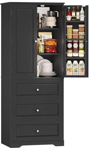 FOREHILL Küchenschrank Vorratsschrank Buffetschrank mit 3 Schubladen, 8 Türregalen und 2 Türen, Mehrzweckschrank für Küche, Esszimmer, Badezimmer und Wohnzimmer, 60x40x150cm, Schwarz