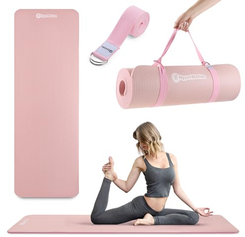 HyperMotion Tappetino Yoga NBR 183x61x1,5 cm Rosa, Spessore 15 mm Antiscivolo, con Cinghia per Trasporto ed Esercizi, Tappetino Fitness per Pilates e Stretching