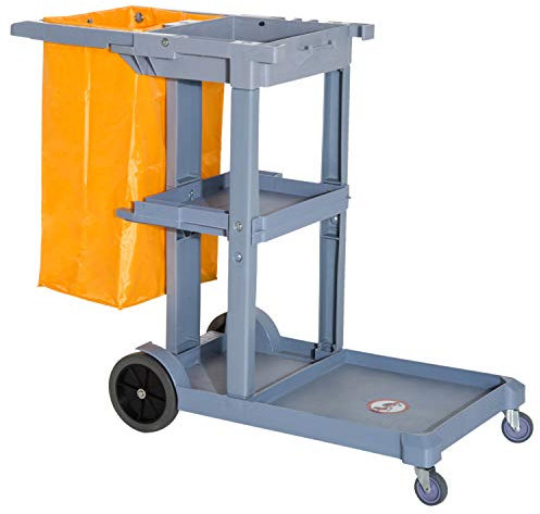 HOMCOM Carro de Limpieza con Bolsa 100L Profesional y Multifuncional para Colectividades Hotel Hostal con 3 Bandejas y 1 Plataforma 121x50,5x96,5 cm Gris y Amarillo