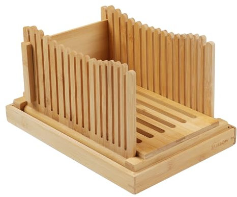 Trancheuse à pain pliable en bois de bambou - Épaisseur réglable - Guide de tranche de pain avec ramasse-miettes - Pour pain maison, gâteaux, bagels, pliable et compact 12.5 x 8.5 x 1.6 original