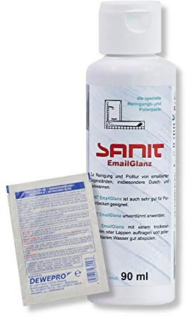 DEWEPRO-Set: SANIT EmailGlanz (3039) - Flasche à 90ml - Spezialreiniger für alle emaillierten Oberflächen und Keramikteile, inkl. 1 St. DEWEPRO® Single Scrubs
