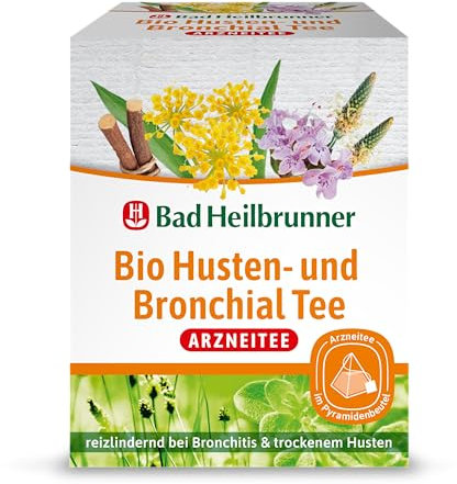 Bad Heilbrunner Bio Husten- & Bronchial - Arzneitee im Pyramidenbeutel - Spitzwegerich, Thymian & Fenchel - reizlindernd bei Bronchitis, trockenem Husten & Erkältungen (4 x 12 Pyramidenbeutel)