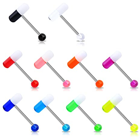 Melighting 10Pcs Pill Tongue Rings 14G Surgical Steel Tongue Piercing with Mix-Color Uv Shaped Tongue Ring with Ball Tongue Piercing Jewelry for Women Men Set
