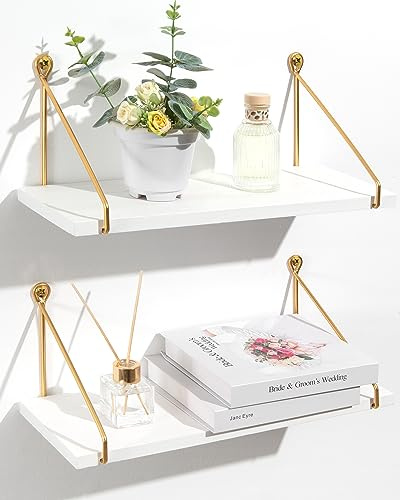 SUMGAR Floating Shelves for Wall, Gold White Wooden Shelf with Bracket | 42cm Wall Mounted Shelves Set of 2, Hanging Shelves for Storage, Display Shelf for Book, Plant, for Living Room, Bedroom
