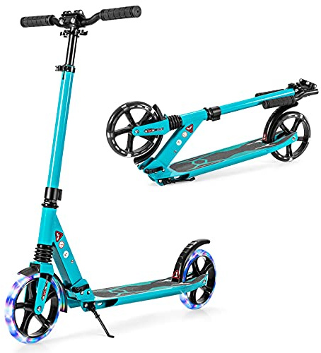 COSTWAY Folding Kick Scooter, Light Up Scooter with 200mm Large Wheels, Rear Foot Brake and Carrying Strap, Height Adjustable Scooters for Age 8+ Kids Teens Adults