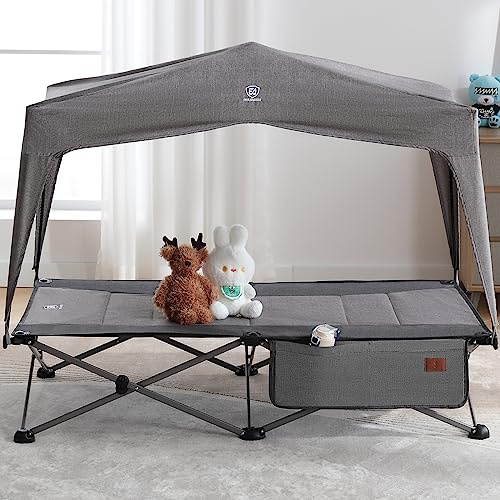 EVER ADVANCED Kinderbett Faltbar mit Dach Feldbett für Kinder 64 KG Belastbar, Klappbares Reisebett 131cm x 69cm x 32cm, Tragbares Klappbett mit Seitentasche für Indoor, Camping, Garten, Ausflug