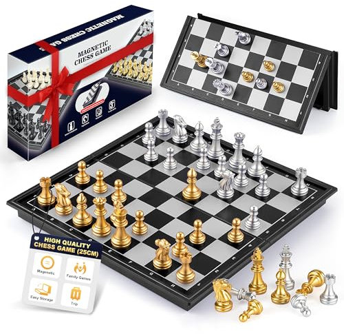 Gibot Schachspiel Magnetisch, Hochwertig Reiseschach, Einklappbar Schachbrett Kinder, Schachspiel Reise Schachspiel Magnetisch für Kinder und Erwachsene (Gold und Silber-25 * 25cm)
