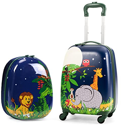GYMAX 2Pcs Kids Luggage Set, 16/18 & 12 Girls Suitcase and Backpack Set with 4 Spinner Wheels, Hard Shell Children Trolley Case for Travel School (Navy Blue, 12 & 16)