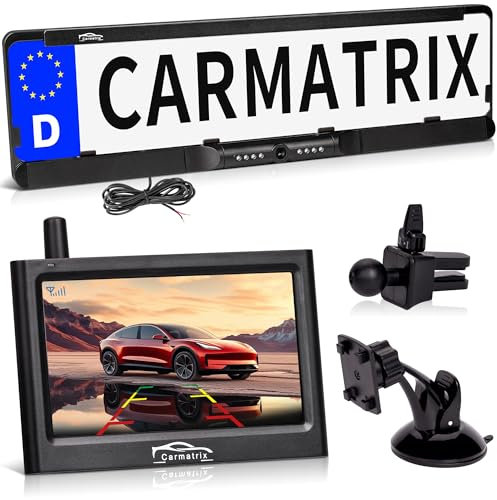 CARMATRIX Funk Auto KFZ Rückfahrkamera kabellos Nummernschild 4,3 Monitor Rückfahrsystem mit IR Nachtsicht im Kennzeichenhalter Digital zum Nachrüsten, wasserdicht Einparkhilfe ohne Solar (Kabel)