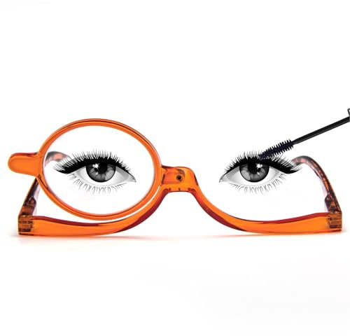 MMOWW Makeup Reading Glasses, Magnifying Makeup Glasses for Womens with Flip-Down Single Lens Rotating Glasses (Orange, +1.0)