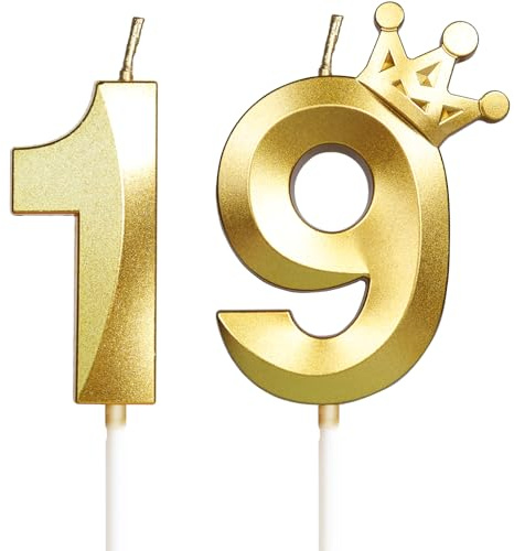 3D cumpleaños19 Con corona vela número 19,vela de cumpleaño para pasteles,vela de feliz cumpleaño,Velas Doradas para Cumpleaños, Aniversario,Fiesta Temática decoraciones para tartas fiestas