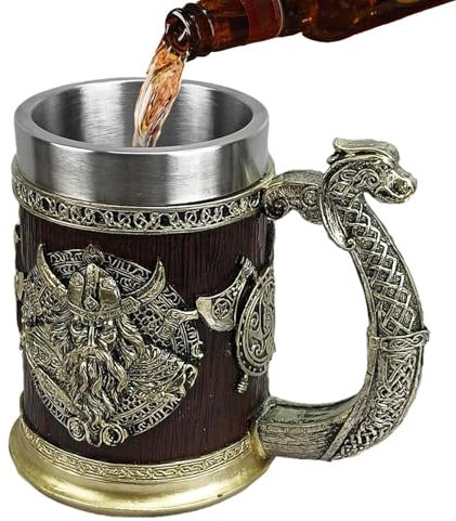 Lesunbak Medieval Norse Mugs | Stainless Steel Whiskey Barrel Cup 600ml, Beer Tankard Cup, Coffee Cool Mug, Beer Mug for Decoration Father’s Day, Norse Decor