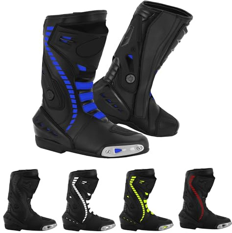 Vaster Moto Motorradschuhe Knöchel Motorrad vattentätt läder Rennstiefel Rutschfeste Sohle, Blå, 45 EU
