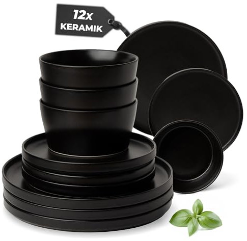 MIAMIO - Juego de vajilla para 4 / Juego de 12 piezas de gres moderno/Vajilla – Apta para lavavajillas y microondas – Colección Luxe (Negro, Vajilla (12x))