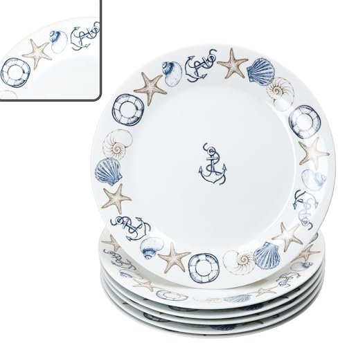 MamboCat Neptun Lot de 6 assiettes plates I Ø 27 cm I Assiettes en porcelaine avec motifs maritimes ancres, coquillages et autres pour 6 personnes I Grandes assiettes pour repas principaux, barbecue