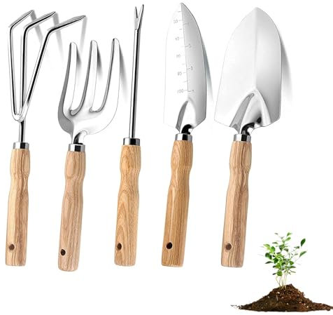 Garden Tools Set - 5Pcs Stainless Steel Gardening Tools Set with Ash Wood Handle, Planting Tools with Ergonomic Handle, Weeder Tool, Hand Fork, Hand Rake, Shovel & Trowel for Garden & Outdoor Planting