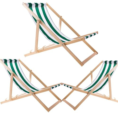 WOODOK Liegestuhl Klappbar - Gartenliege Klappbar bis 120kg, Sonnenliege aus Buchenholz ohne Armlehne (3X Weiß-Grün)