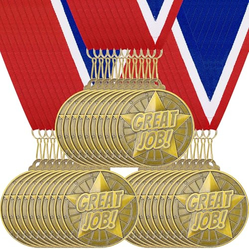 Kaxtde 30 Pcs 5 cm Gold Medals for Awards, Winner Medals Bulk with Ribbons, Metal Trophy Prize Gifts for Children Adults School Games Competitions Sports Events