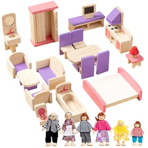 Ensemble de Meubles de Maison poupée en Bois avec 6 poupées familiales, Meubles Maison poupée 5 pièces, Accessoires éducatifs Bricolage pour Enfants à partir 3 Ans, Cadeaux d'anniversa