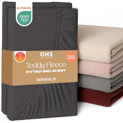 Brentfords Teddy Fleece Fitted Sheet 2 Pack, Soft Warm Thermal Teddy Bear Bedding Deep Pocket 25cm Fade Resistant Cuddly Cosy Fluffy Single Bed Sheets 2 Pack, Charcoal Grey - Single