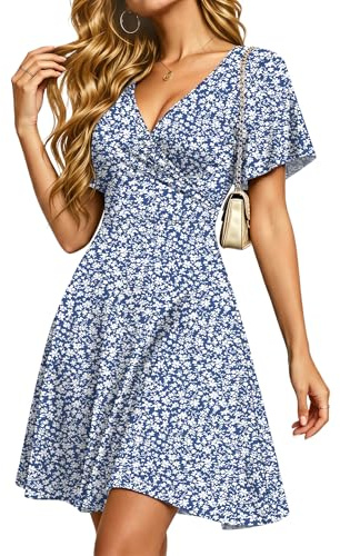 PLMOKEN Sommarklänning damer kort blomma kortärmad omlottklänning damer sommar, Gråblå blomma, M