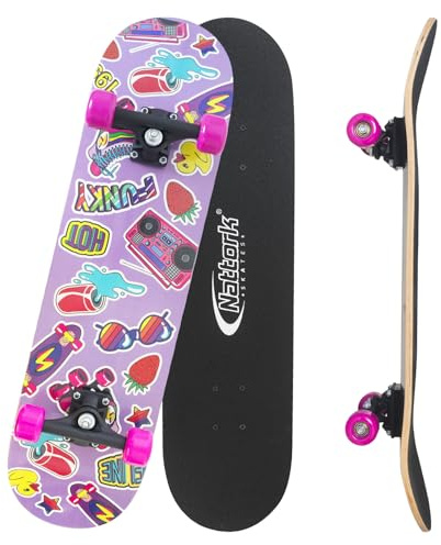 Nattork 31 Inch Complete Skateboard, Standard Skateboards Gift for Beginners, Wood 9 Layer Canadian Maple Trick Skate Boards for Boys Girls Youth Teens (Pink Sticker)