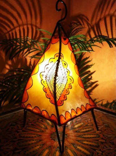 Orientalische Tischlampe Hafa 38cm Lederlampe Hennalampe Lampe | Marokkanische kleine Tischlampen aus Metall, Lampenschirm aus Leder | Orientalische Dekoration aus Marokko, Farbe Orange, Natur