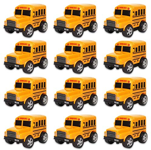 12 Pack in Box Chubby School Bus Model Toys - 4 inches Classic Long Nose Friction Powered 360 Rotation Vehicles - Ideal Gift, Party Favors for Kids (1 Dozen)
